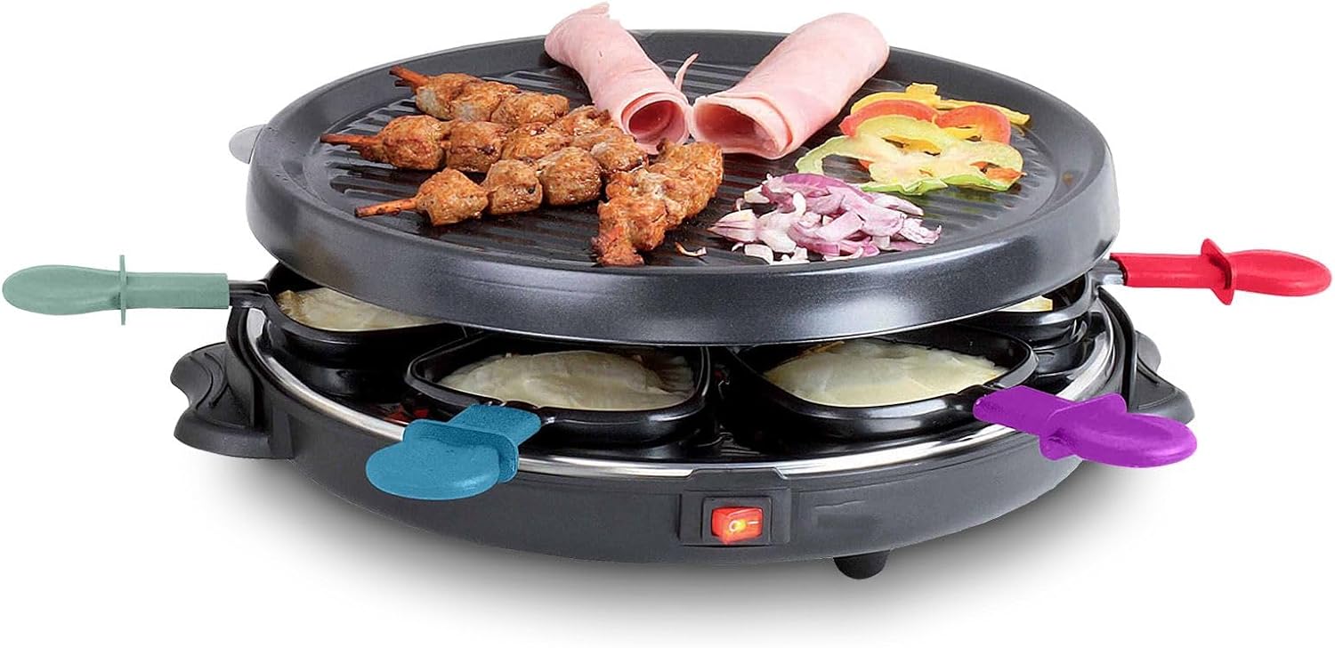 bmf-versand® Raclette Grill Electric 6 Person Set - Electric Grill Removable Plates Easy Cleaning - Table Grill Electric with Thermostat Non-Stick Coating Pan Spatula 800 Watt