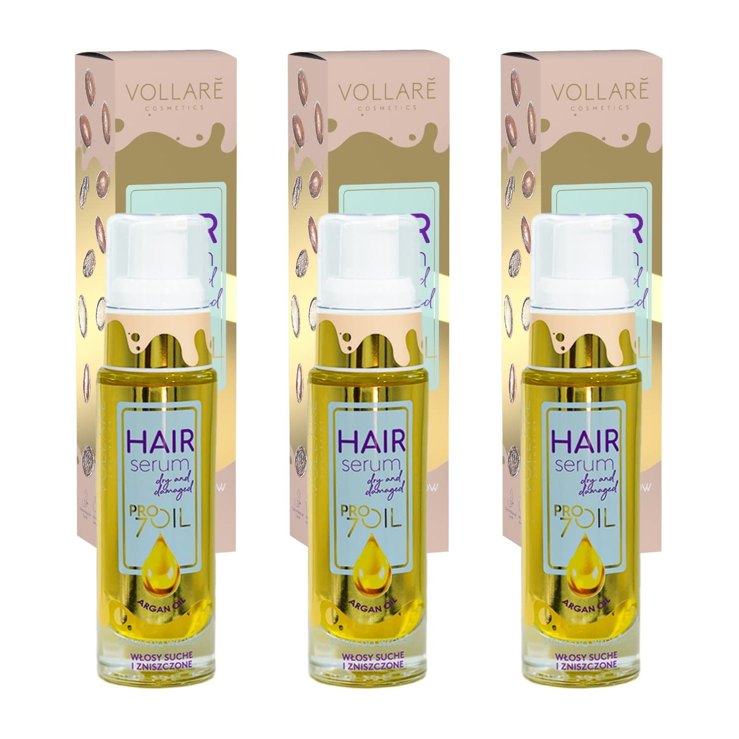 Vollaré Cosmetics Argan Oil Hair Oil Serum Vegan Hair Serum Care & Regeneration for Dry, Damaged Hair Organic & Natural Intensive Repair 3 x 30 ml