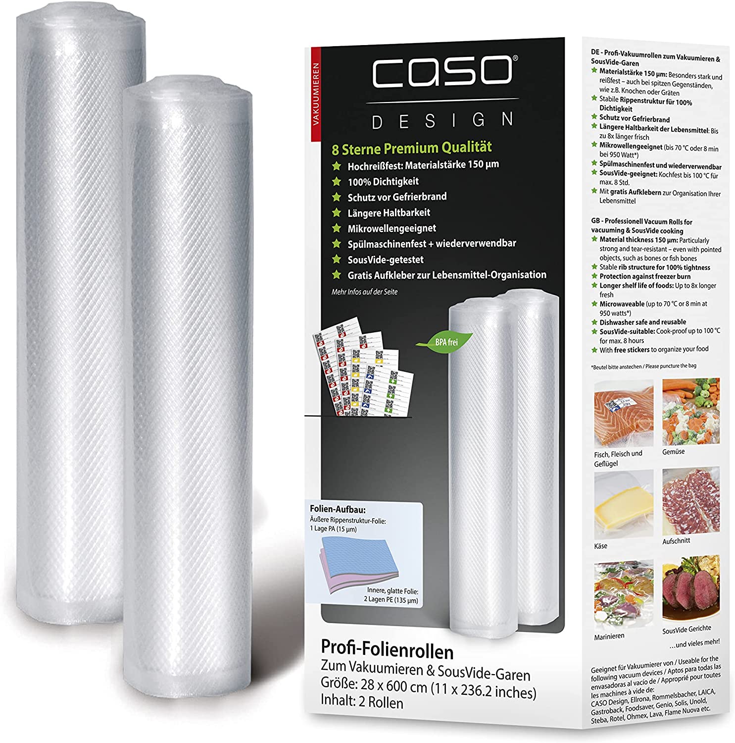 CASO professional film rolls 40x1000 cm / 1 roll, for all bar vacuum sealers, BPA-free, very strong & tear-resistant approx. 150 µm, boil-proof, suitable for sous vide, reusable, suitable for film sealing devices