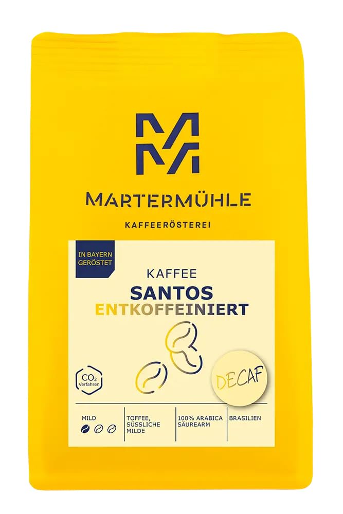 Martermühle Santos Coffee Beans Decaffeinated 500 g Mild Arabica I Aromas: Sweet Mild Toffee I Whole Coffee Beans Gently Roasted Low Acid