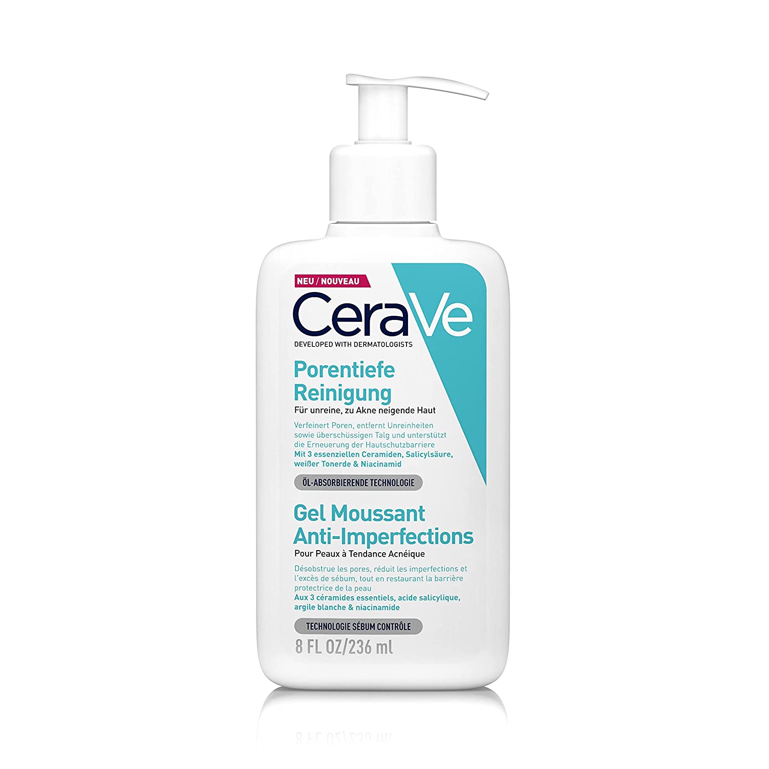 CeraVe Deep pore cleansing for the face, foaming cleansing gel against pimples, for blemished and acne-prone skin, with clay and niacinamide, 1 x 236 ml, ‎deep