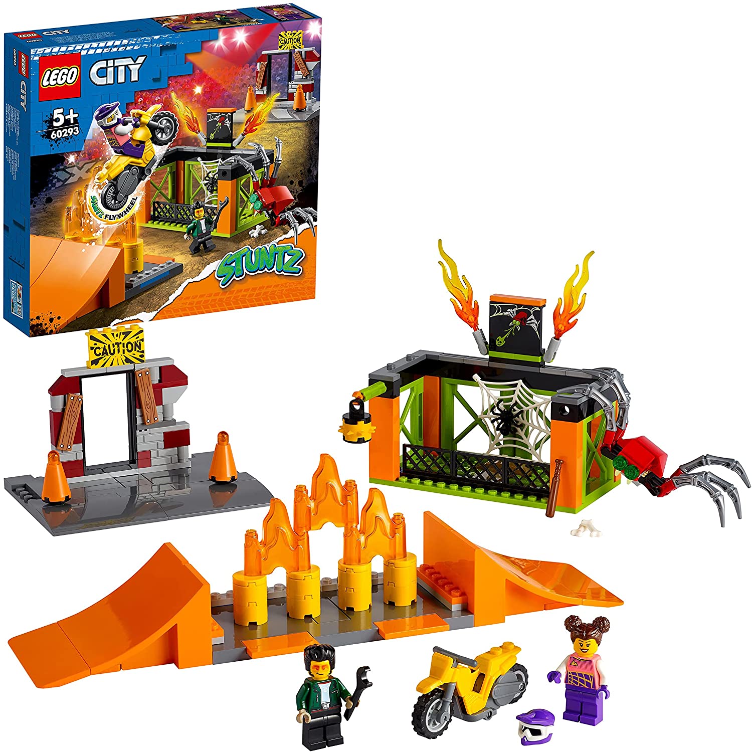LEGO 60293 City Stuntz Stunt Park Flywheel Motorcycle, Spider Cage and Race