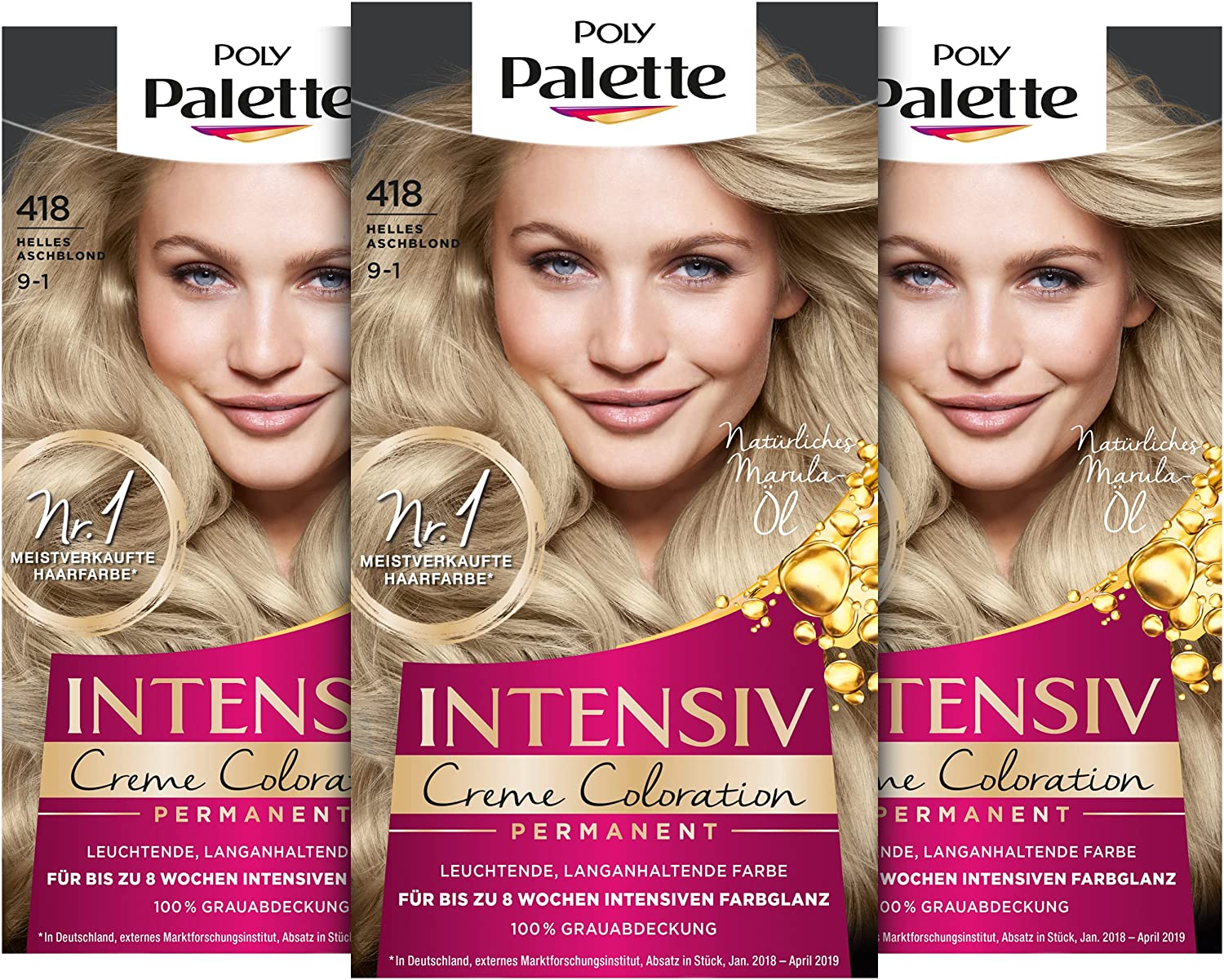 Poly Palette Intensive Cream Colouration 9-1/418 Light Ash Blonde Level 3 (3 x 115 ml), Permanent Colouration for up to 8 Weeks of Intense Colour Shine & 100% Grey Coverage, ‎ivory-coloured