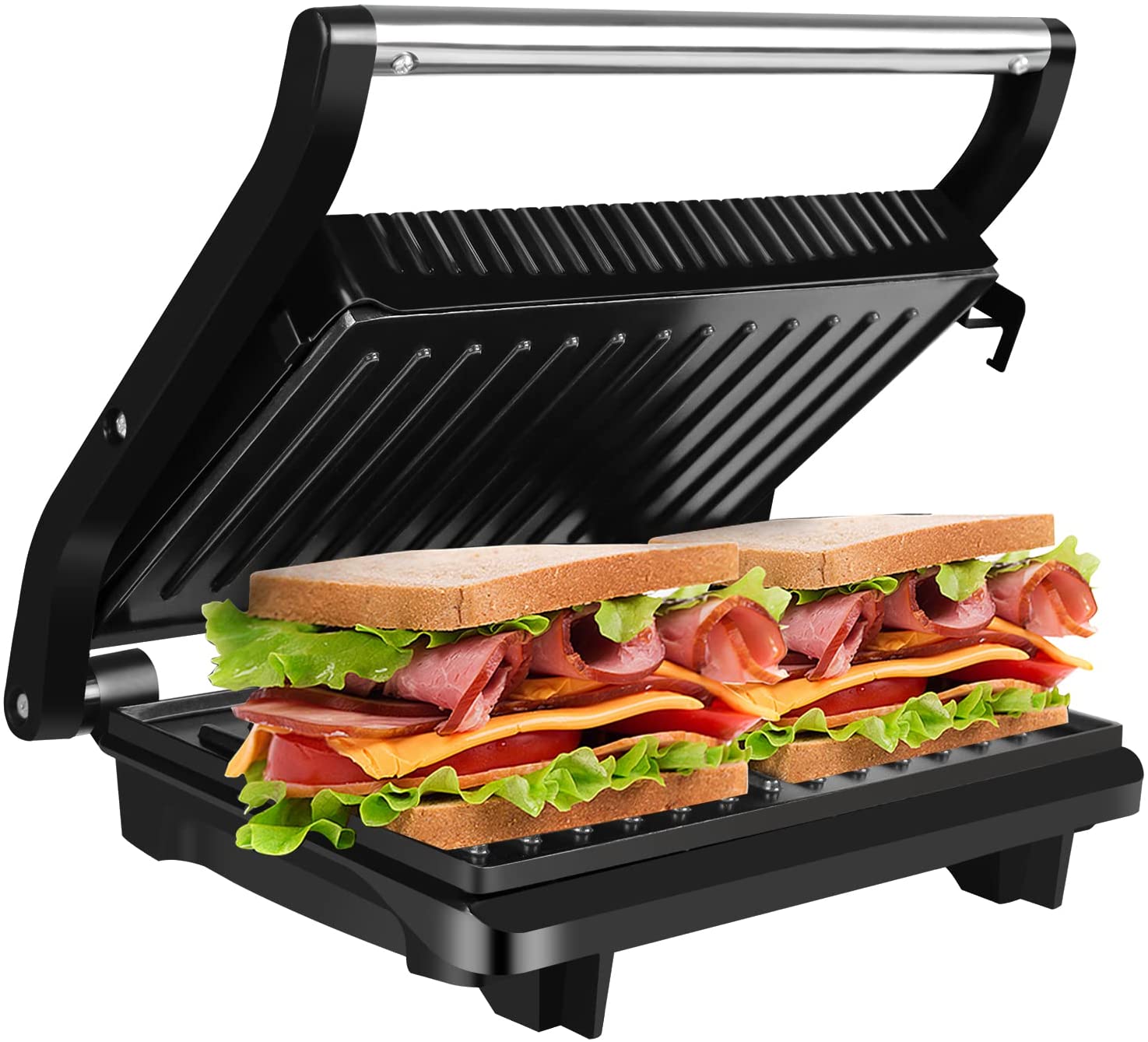 Gotoll Contact Grill Table Grill, Panini & Sandwich Maker, Double Grill Plates, Open 180° Contact Grill, 1000 W, Non-Stick Coating, Insulated Handles, Stainless Steel Housing