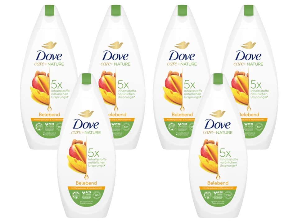Dove Care by Nature Shower Gel 6 x 225 ml with Mango Butter and Almond Extract Shower Bath with 5 x Natural Ingredients for a Smooth and Nourished Skin Feeling