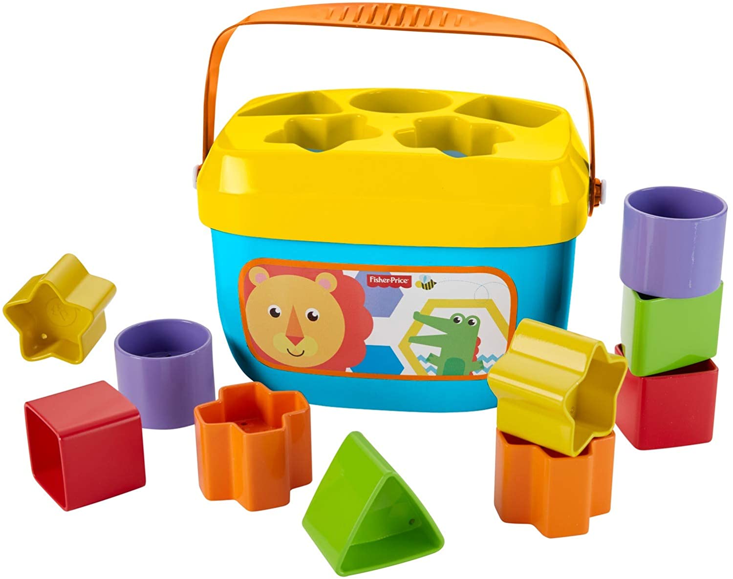 Fisher-Price FFC84 Baby\'s First Building Blocks Shape Sorting Game with Toy Cube and Storage Bucket for Ages 6 Months and up, Single