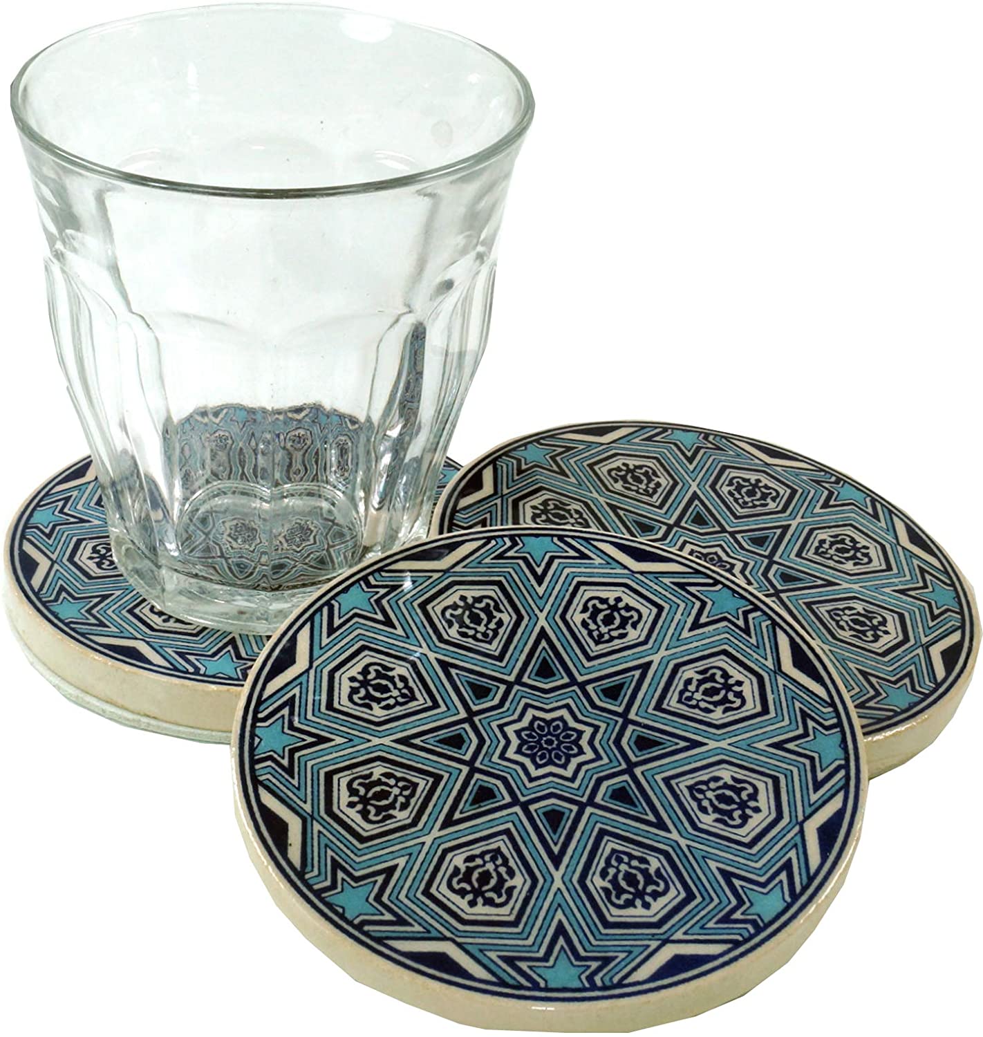Guru-Shop GURU SHOP Oriental Ceramic Coasters, Round Coasters for Glasses, Mugs with Mandala Motif Set - Pattern 3, Blue, Quantity: Set of 3, Coasters, Trays