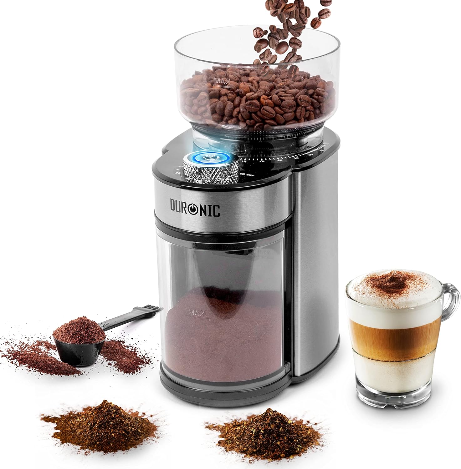 Duronic BG200 Electric Cone Mill, 200 W Coffee Grinder with Grinder, 200 g Coffee Beans, Grinding Level from Coarse to Fine, Quantity Dosage Up to 12 Cups of Coffee, Suitable for French Press Café