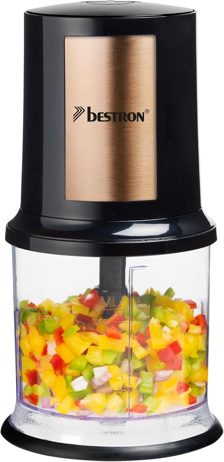 Bestron Electric Multi Chopper, Universal Chopper with Two Cutting Blades & 500 ml Capacity, Large Pulse Button, 400 Watt, Colour: Copper