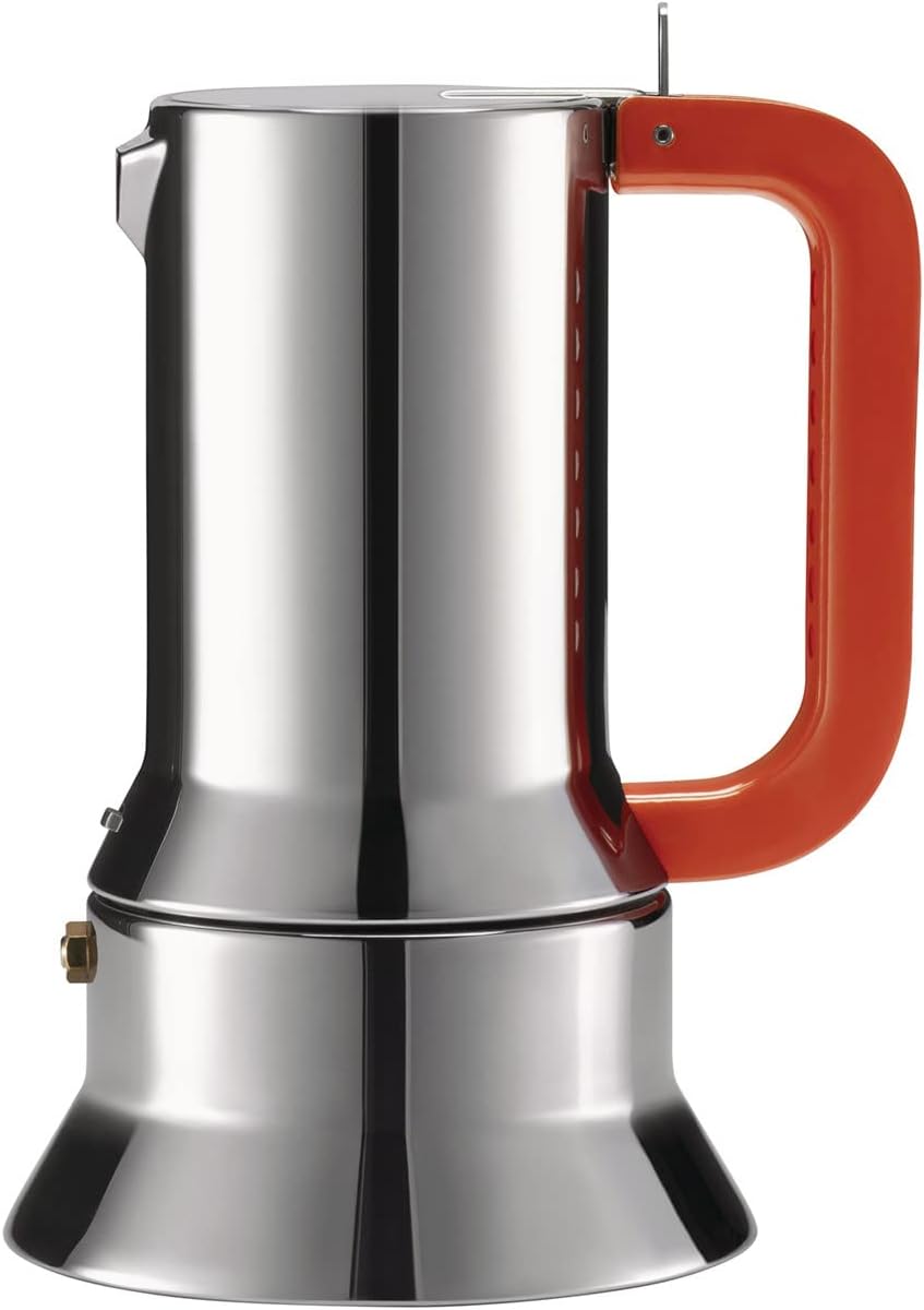 Alessi 9090 Manico Forato 9090/3 100 - Designer Espresso Coffee Machine 3 Cups, Made of 18/10 Stainless Steel With Magnetic Base, Perforated and Colored Handle, Orange, 12 cm