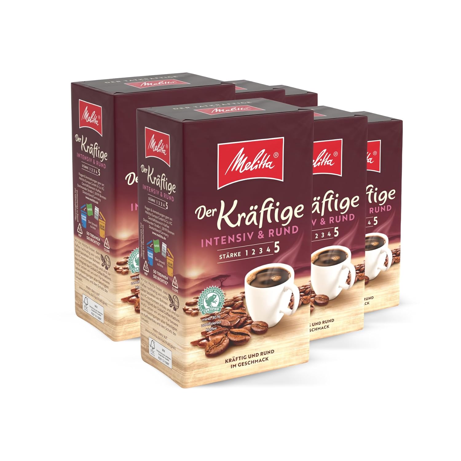 Melitta The Powerful Filter Coffee 6 x 500 g, Ground, Powder for Filter Coffee Machines, Strong Roasting, Roasted in Germany, in Tray