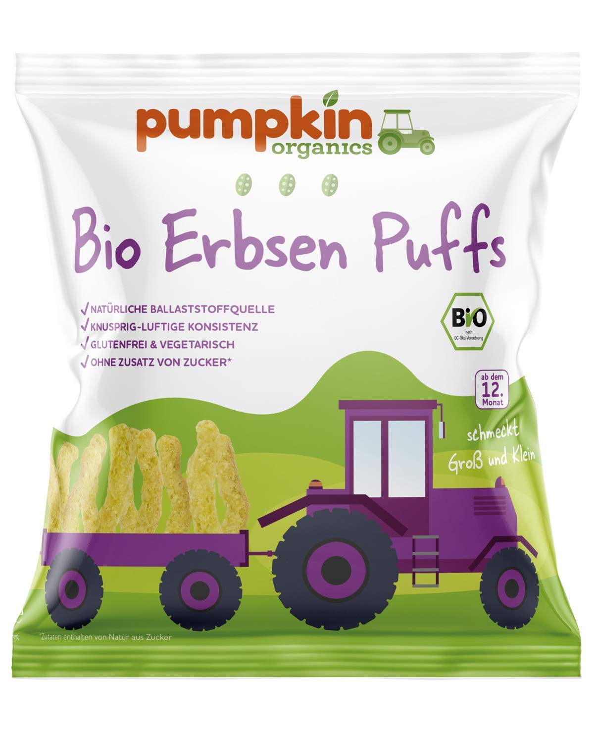 Pumpkin Organics Bio Erbsen Puffs, für Kinder und Babys ab dem 12. Monat, 16er Pack (16x20g)