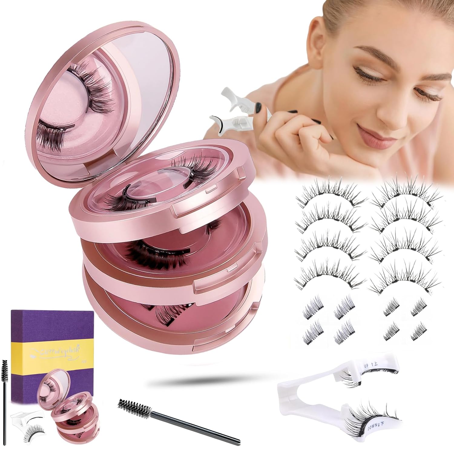 Magnetic Eyelashes, Natural, 4 Pairs of Eyelashes, Artificial Eyelashes, Magnetic Eyelashes with Pliers, Magnetic Eyelashes, No Eyeliner, Reusable, Magnetic Lashes, Easy to Use for Beginners