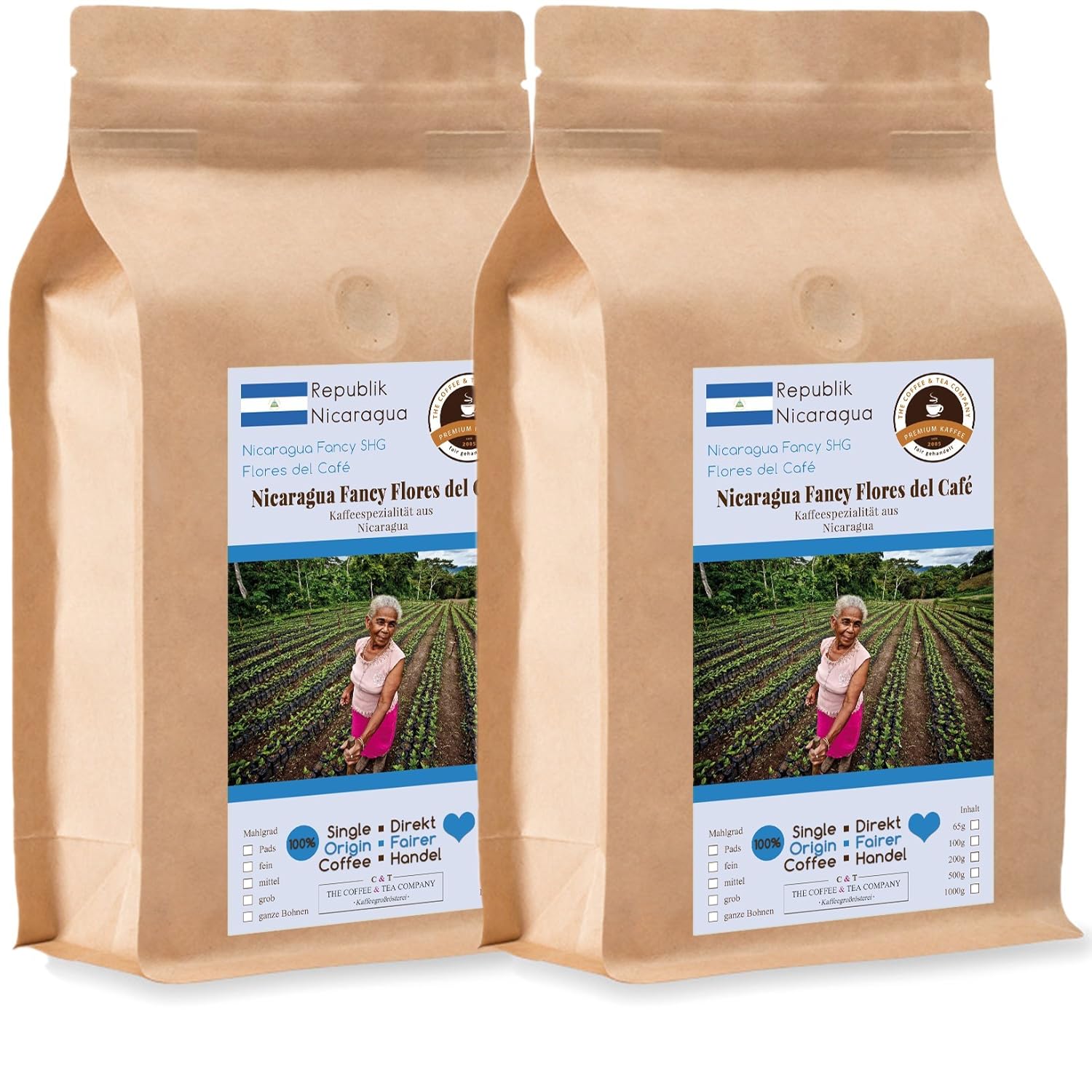 Coffee Globetrotter - Coffee with Heart - Nicaragua Fancy Flores del Café - 2 x 1000 g Finely Ground - for Fully Automatic Coffee Grinder - Roasted Coffee Fair Trade | Refill Pack Economy Pack