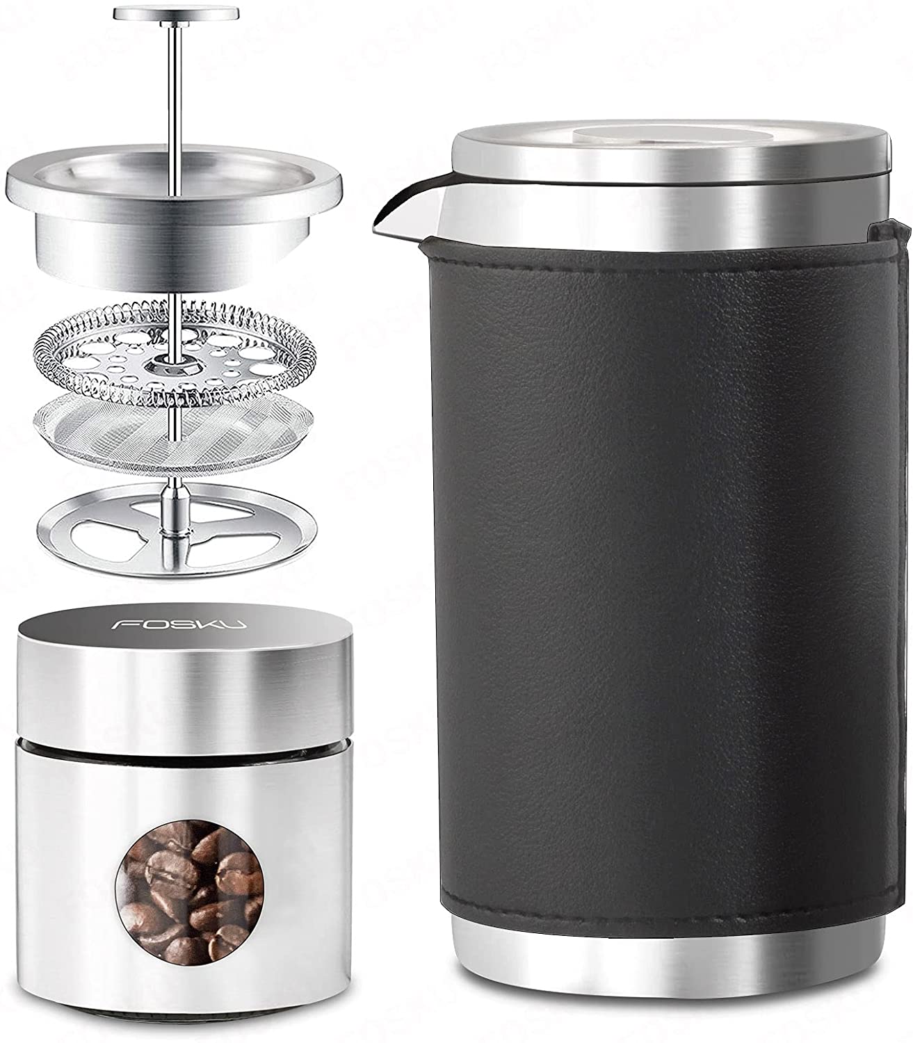 FOSKU French Press Coffee Maker Set, Stainless Steel Camping Coffee Maker and Coffee Tin with Travel Bag, 1 or 2 Cups, Small French Press Double-Walled 350 ml, Dishwasher Safe