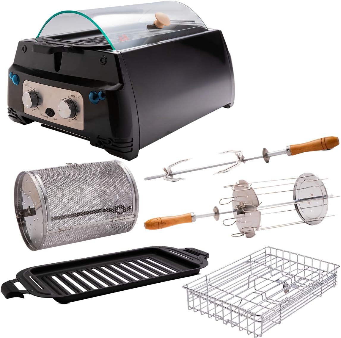 Livingon Rotisserie Chef Mega Set - Indoor Grill, Rotary Grill and Table Grill With Extensive Accessories - Rotisserie Spit for Chicken - Electric Grill - Kebab Skewer - Rotating Basket - Low -Fat