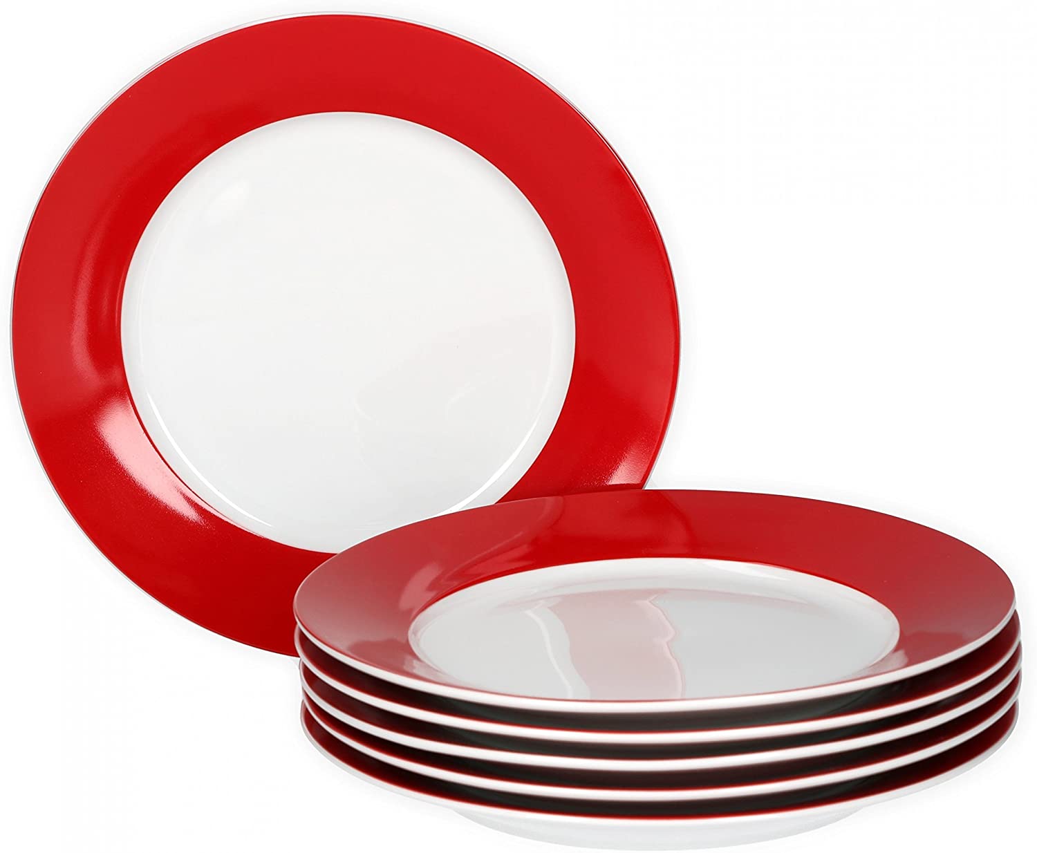 Van Well Vario Breakfast Plate Set 6 Pieces I Plate Service for 6 People I Cake Plate with Diameter 20 cm I Porcelain Set White with Red Edge I Dessert Plate Set Microwave Safe