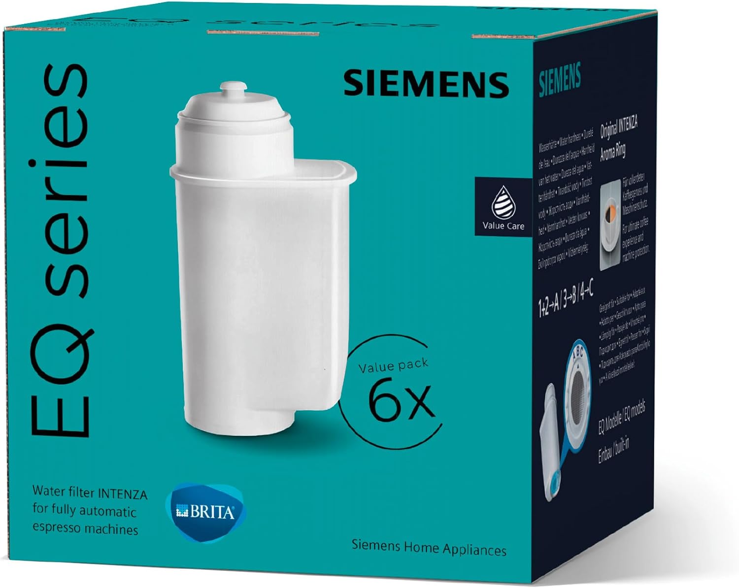 Siemens TZ70063A Brita Intenza Water Filter - Reduces Limescale in Water for EQ Series and Fully Automatic Machines, Pack of 6, White