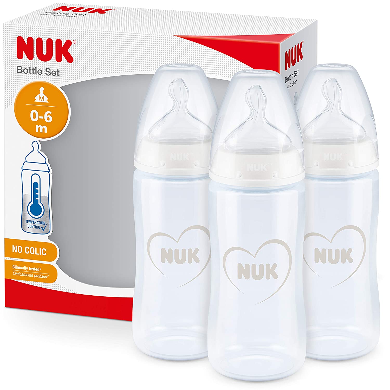 Nuk First Choice+ Baby Bottle Set, 3 Bottles with Temperature Control Display, Anti-Colic, 300 ml, 0-6 Months, Silicone Teat, BPA-Free