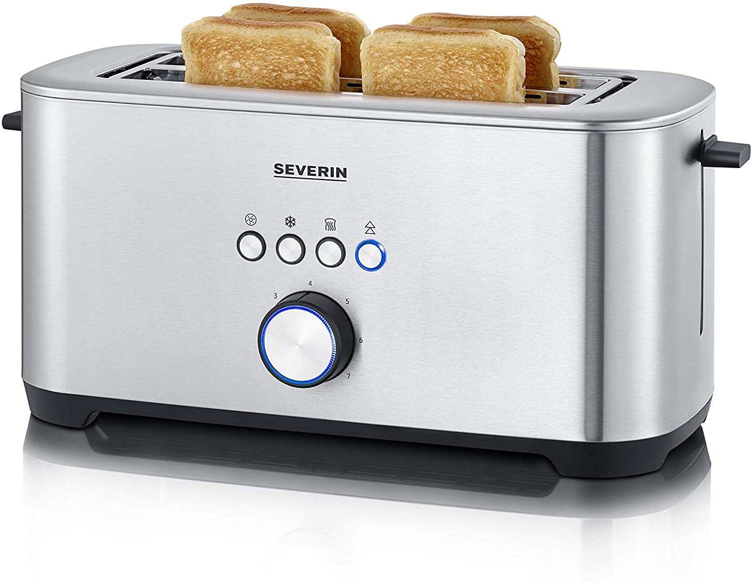 SEVERIN AT 2512 Long Slot Toaster with Bagel Function for Single-Sided and Energy-Saving Toasting, 1400 W, 4 Large Roasting Chambers and Integrated Bun Attachment, Brushed Stainless Steel