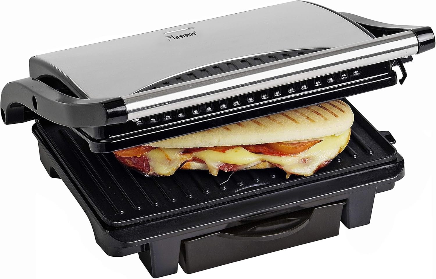 Bestron ASW113S Electric Contact Grill with Crumb Tray, Sandwich Maker with Cool Touch Handle and Non-Stick Coating, Panini Maker with 1000 Watt, Colour: Silver/Black