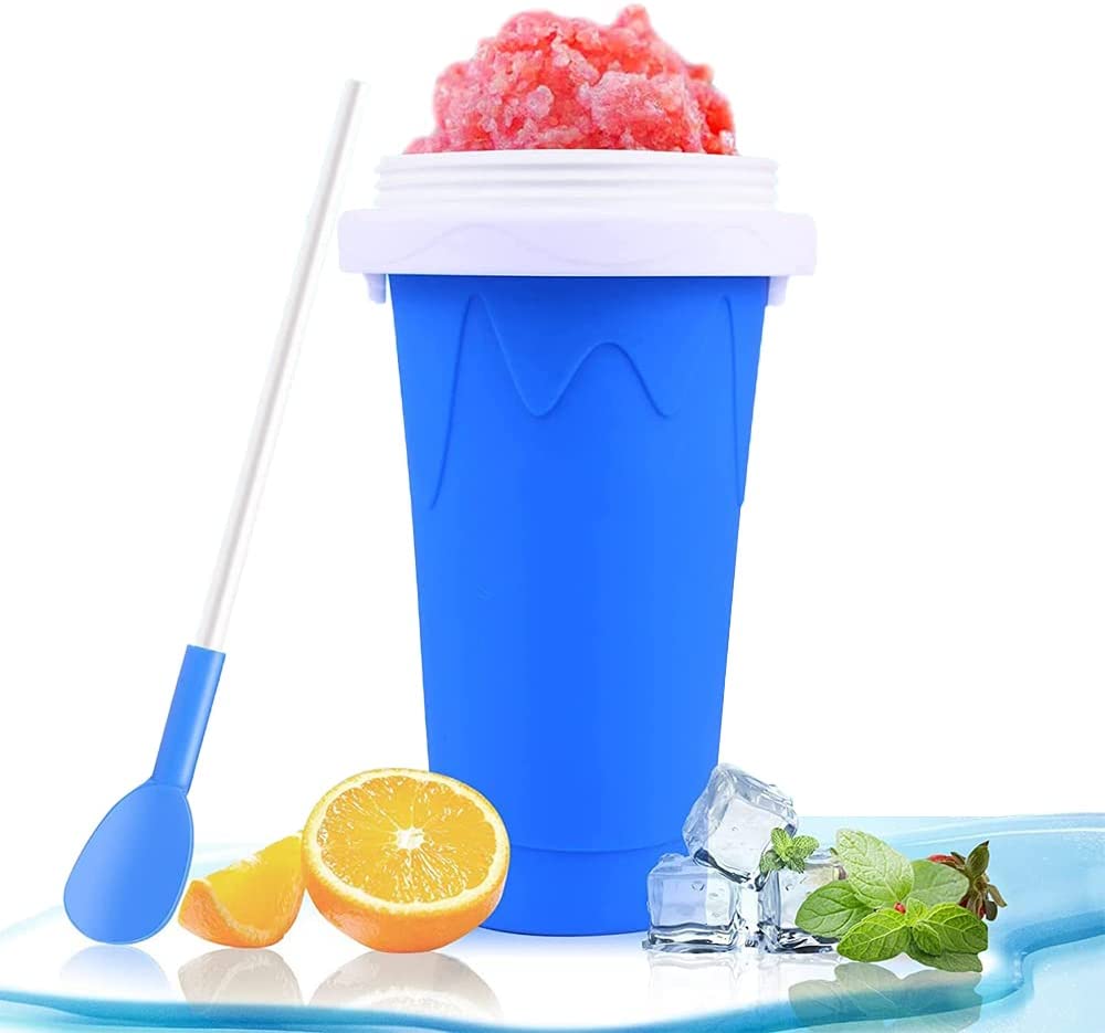 Ribiil Magic Slushy Maker Squeeze Cup, Frozen Magic Slushy Maker with 2 in 1 Straw and Spoon, Freeze Portable Squeeze Cup, Frozen Smoothies Cup for Everyone (Blue)
