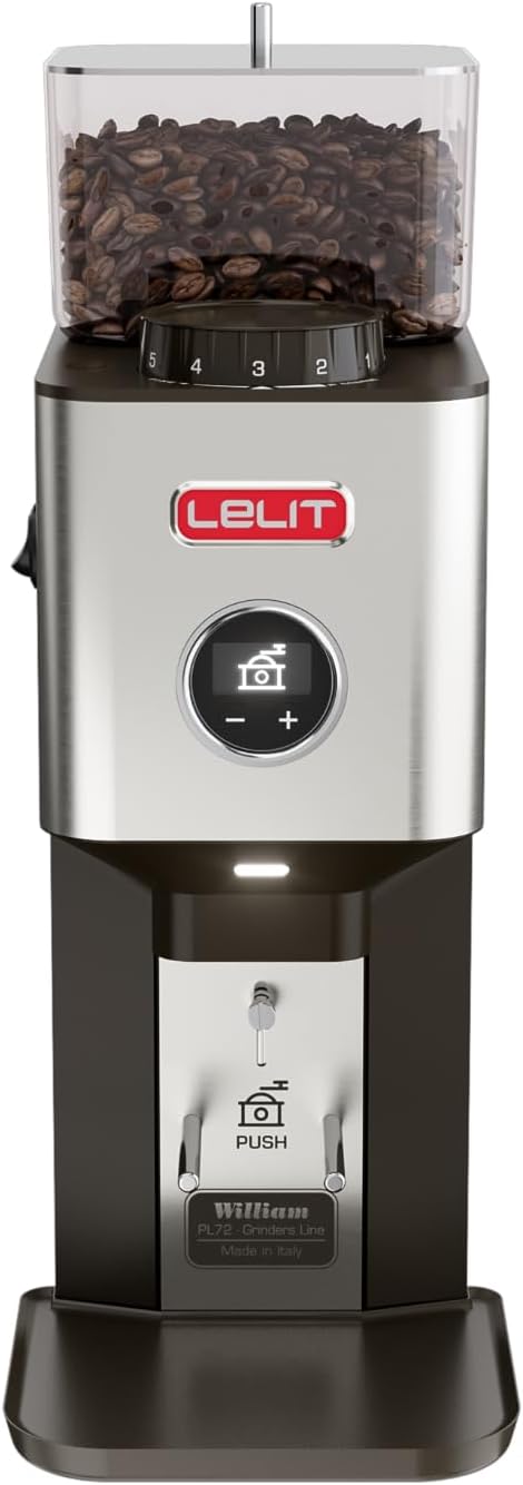 Lelit PL72 William, Professional on Demand coffee grinder with 64 mm flat grinding discs and black LCC display to make all parameters, stainless steel