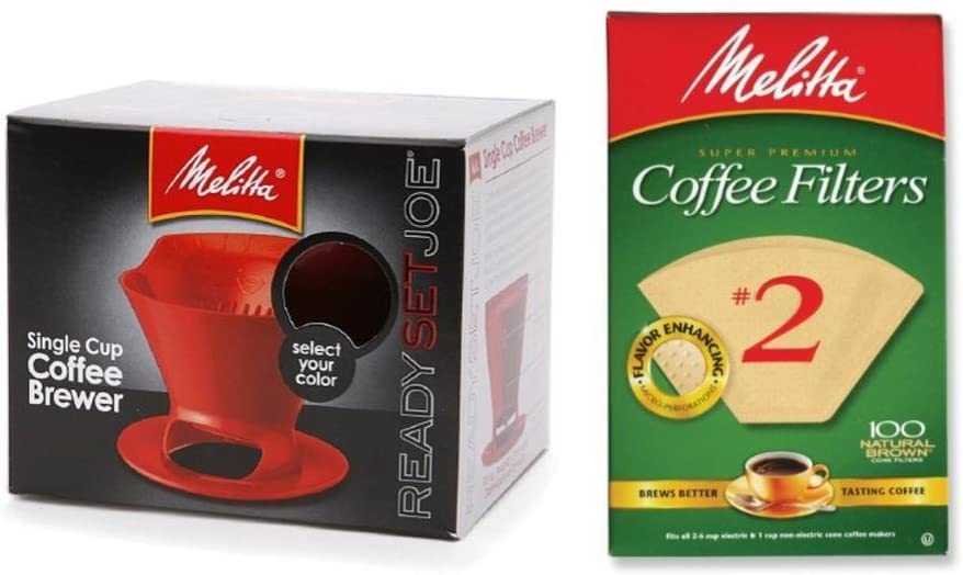 Melitta Pour Over Coffee Cone Brewer & # 2 Filter Natural Brown Combo Set, 