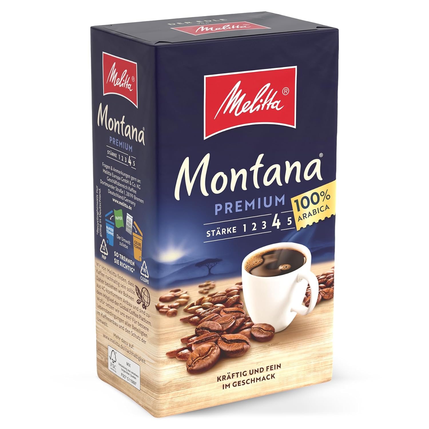 Melitta Montana Premium Filter Coffee 500 g, Ground, Powder for Filter Coffee Machines, 100% Arabica, Strong Roasting, Roasted in Germany