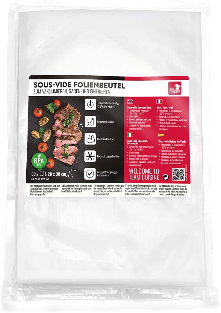 TEAM CUISINE Sous vide Foil Bags Vacuum Bags | 50 Vacuum Bags Each 20 x 30 cm | Tear-Resistant Professional Quality | Food Safe | for Cooking and Freezing for Vacuum Sealer / Foil Sealer