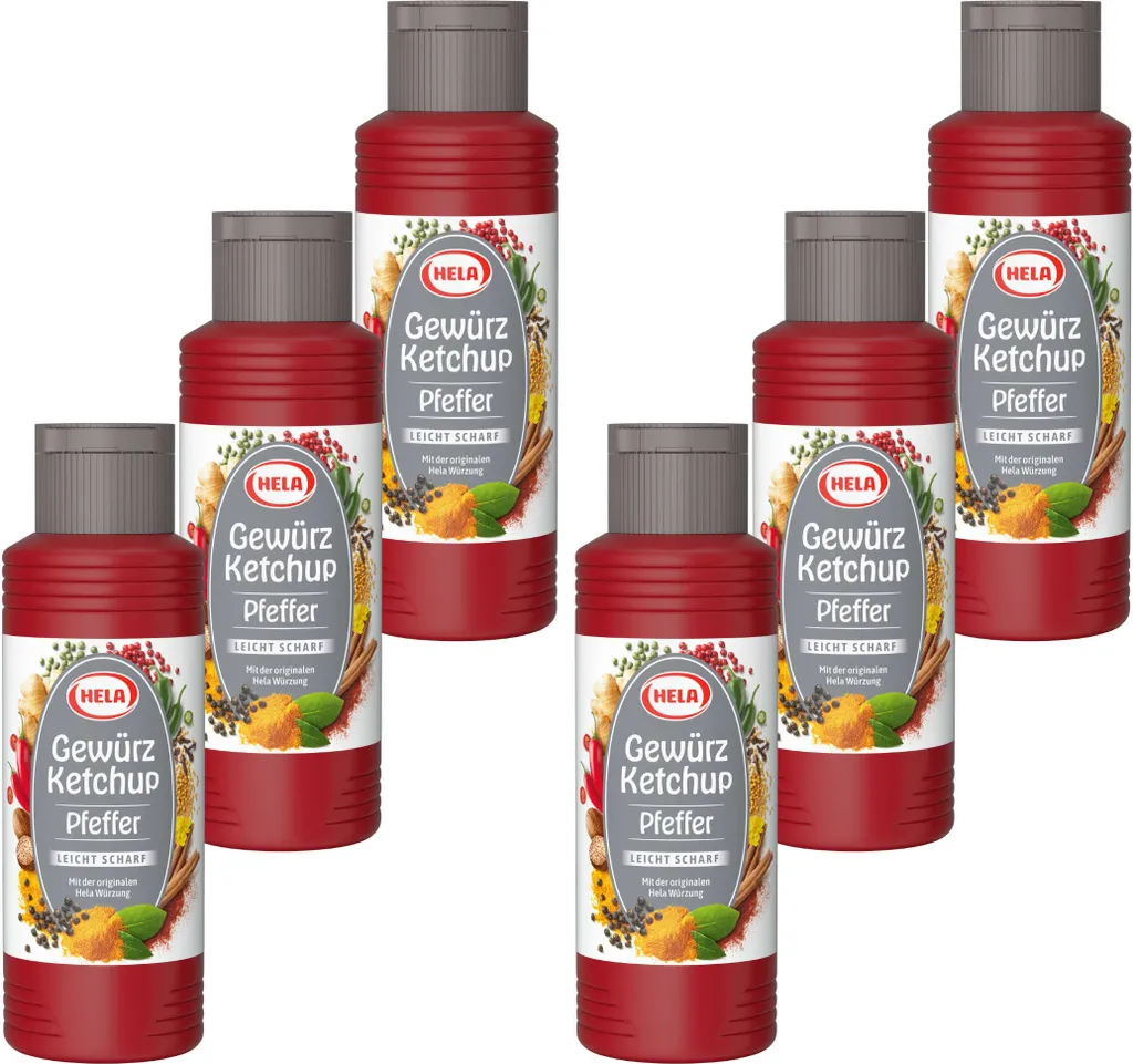 6x 300 ml Hela Ketchup Pfeffer leicht scharf Gewürzketchup Ketchup-Flasche