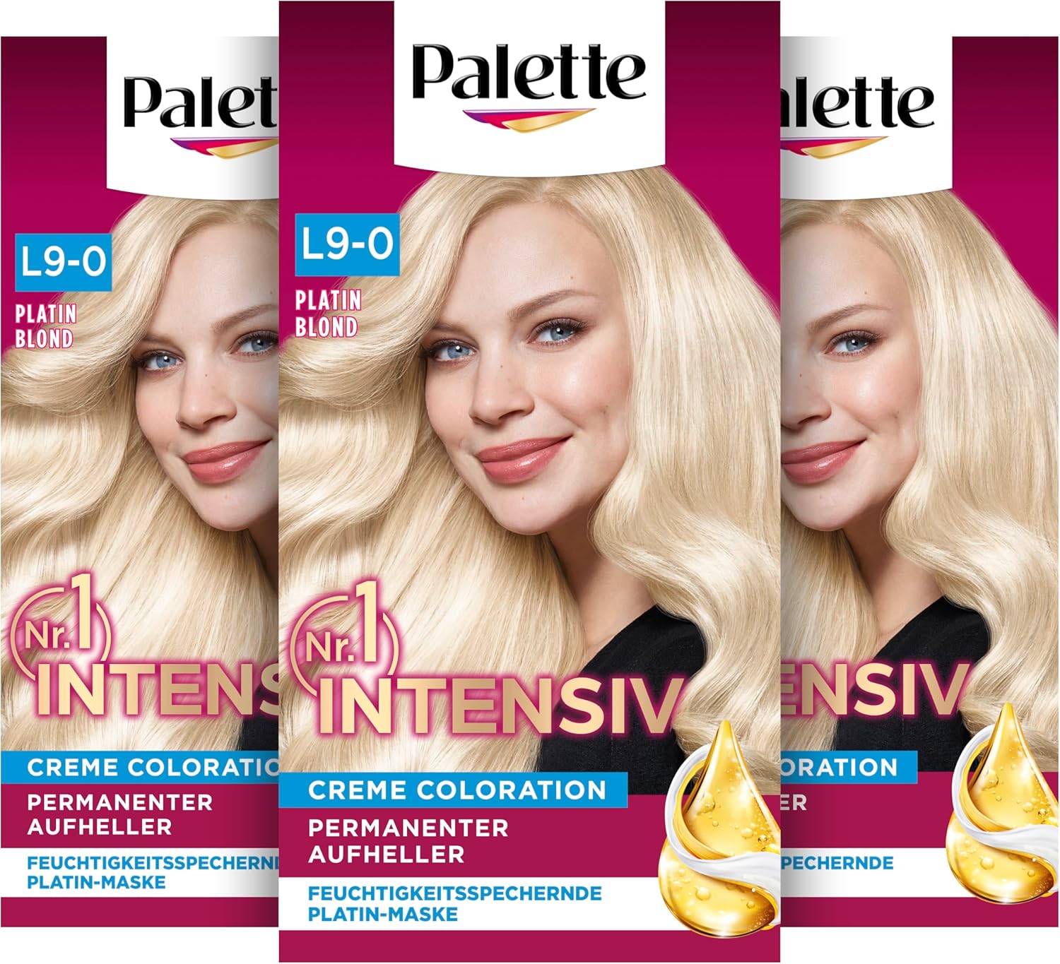 Palette Intensive Cream Coloration L9-0 Platinum Blonde (3 x 135 ml), Permanent Brightener for up to 9 Levels of Brightening and Radiant, Blonde Hair Color, with Anti-Yellow Tint Effect