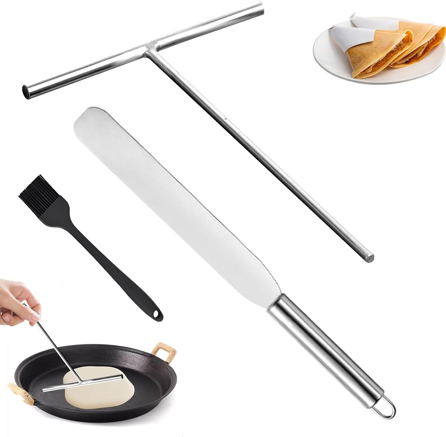 Set of 3 Crepe Distributors, Crepes Distributor and Spatula, Stainless Steel Crepe Turner, Dough Distributor, Crepes Spatula, T-Shape Crepe Maker Accessories for Home, Kitchen, Baking, Cooking, Baking