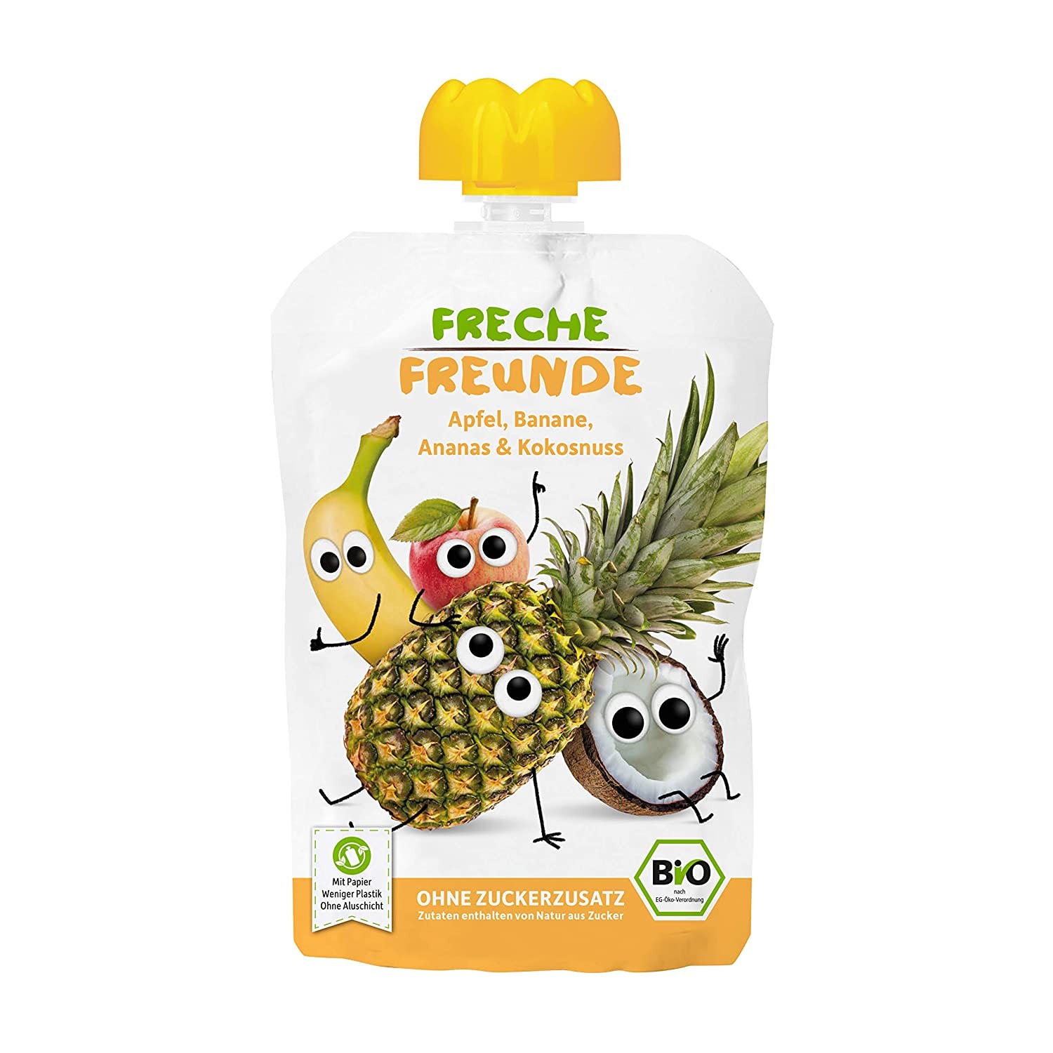 FRECHE FREUNDE Bio Quetschie Apfel, Banane, Ananas & Kokosnuss, Fruchtmus im Quetschbeutel für Babys ab dem 6. Monat, glutenfrei & vegan, 6-er Pack (6 x 100g)