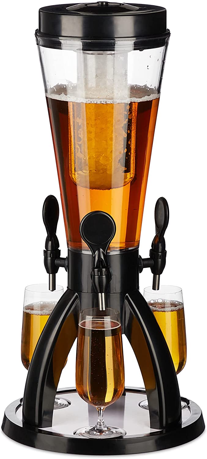 Relaxdays Beer Column with 3 Taps, 4 Litres, Drinks Dispenser with Cooling, Beer Tower, Garden, Petrol, Transparent/Black