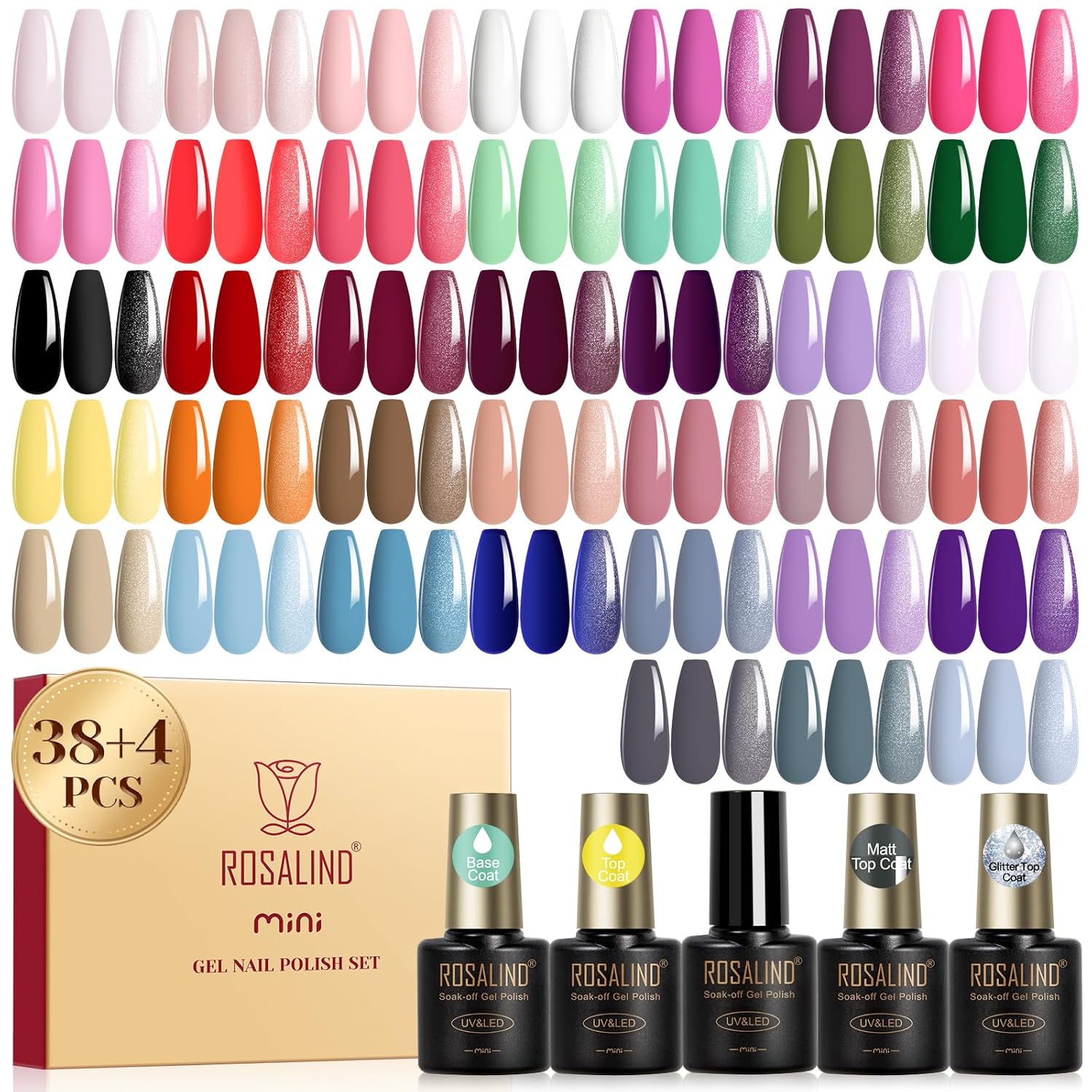 ROSALIND UV Nail Polish Set, 42 Pieces Gel Nail Polish Pink Nude White Purple Green Color Gel Nails, Soak-Off Mini UV Gel Nail Polish Red Blue Gray for Nail Design Gel Nail Polish Gift