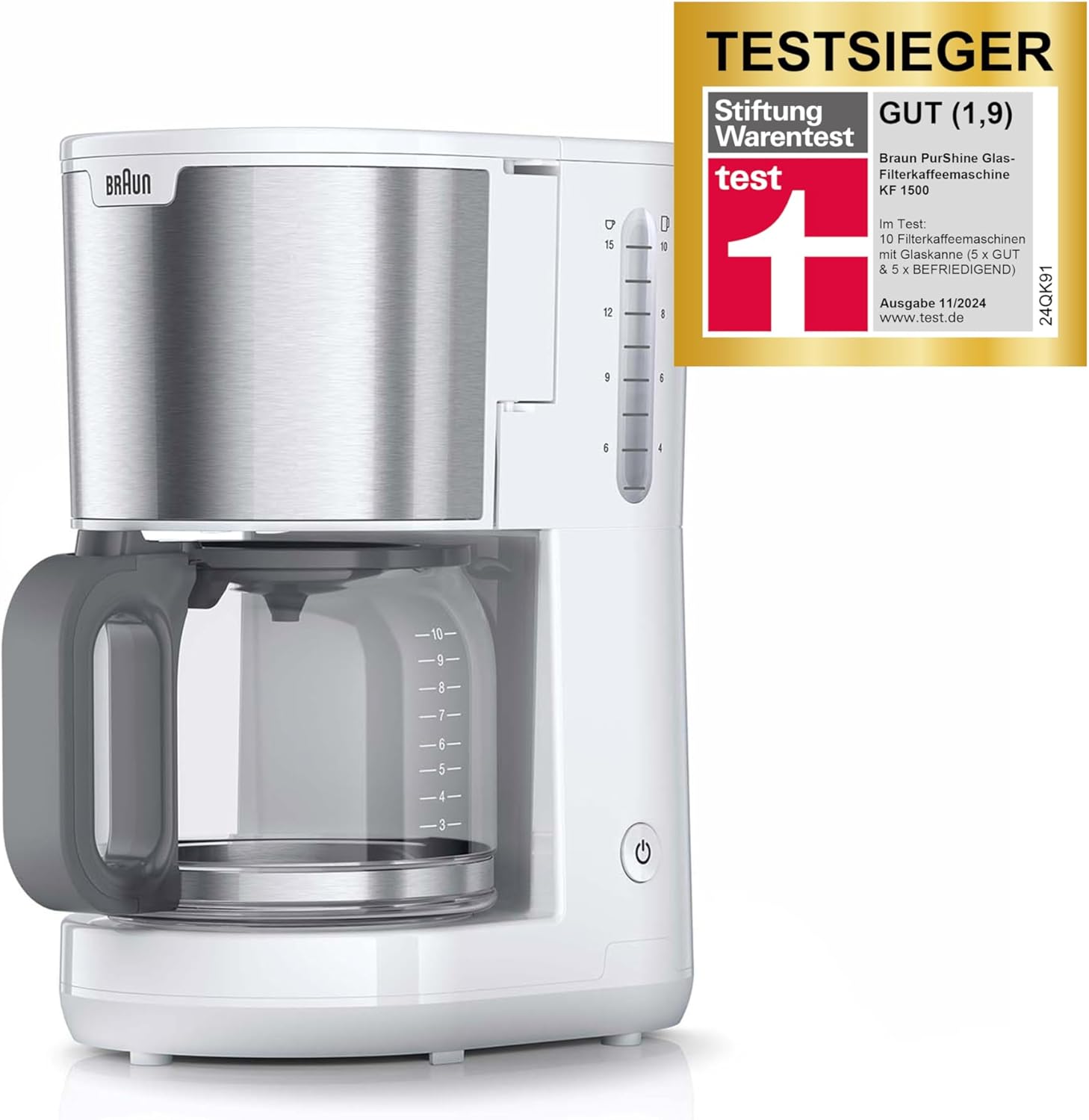Braun PurShine KF 1500 WH coffee machine - filter coffee machine with glass jug for up to 10 cups, OptiBrew system, automatic switch-off, 1000 watts, white