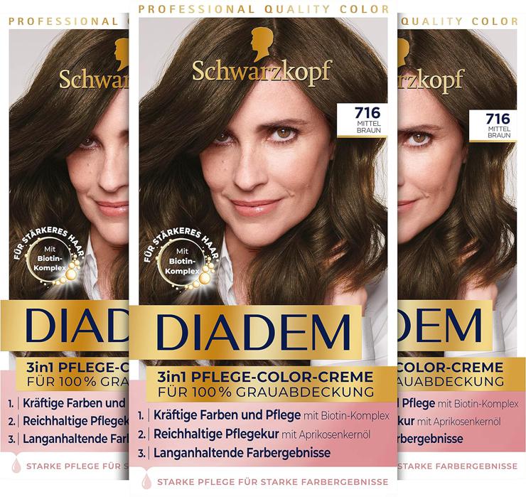 Schwarzkopf Diadem 3-in-1 Care Color Cream 716 Medium Brown (3 x 170 ml), Permanent Hair Color, Hair Care Formula for Healthy-Looking Results, 100% Gray Coverage