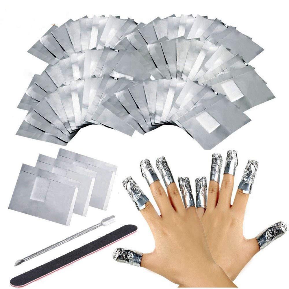 Nacerlary 200 Stück Nail Remover Wraps Pads, Ultradünnes Nagellack Remover Aluminiumfolie und 1 Stück Nagelfeile Streifen und 1 Nagelhaut Schieber zum einfachen entfernen von Gel