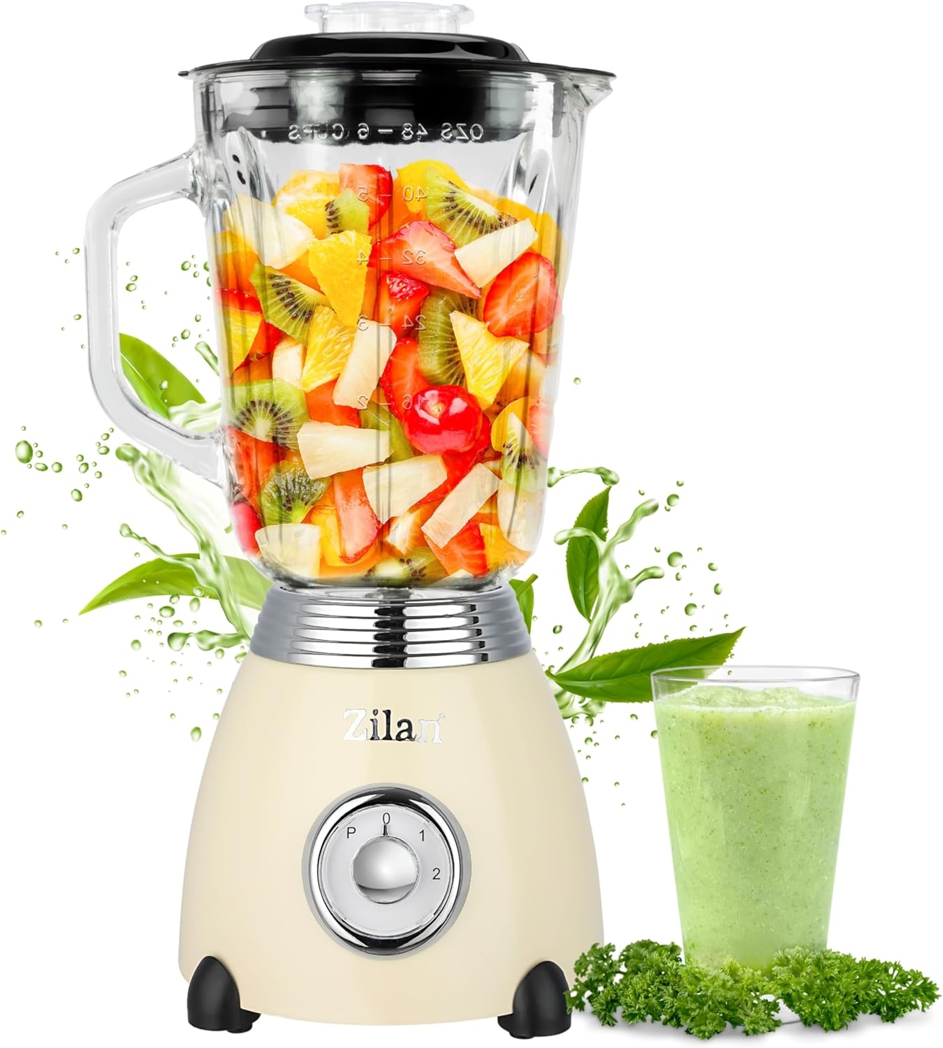 Stand Mixer Retro with 1.5 L Glass Container, Chopper, Smoothie Maker, Mixer, Stainless Steel Blade, 2 Speeds & Pulse Function, Stainless Steel Housing, Powerful Mixer in Vintage Design