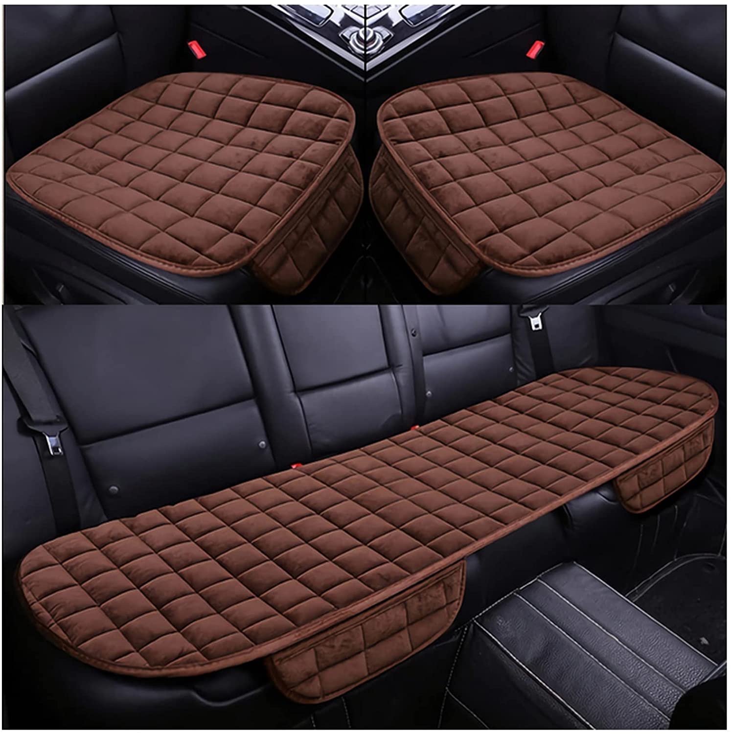 bamutech Seat Cushion Car Seat Cover Fit Truck SUV Van Front Rear Flake Cloth Cushion Non-Slip Winter Car Protector Mat Pad Keep Warm Universal Seat Cushion Chair (Size: Brown 3pcs)