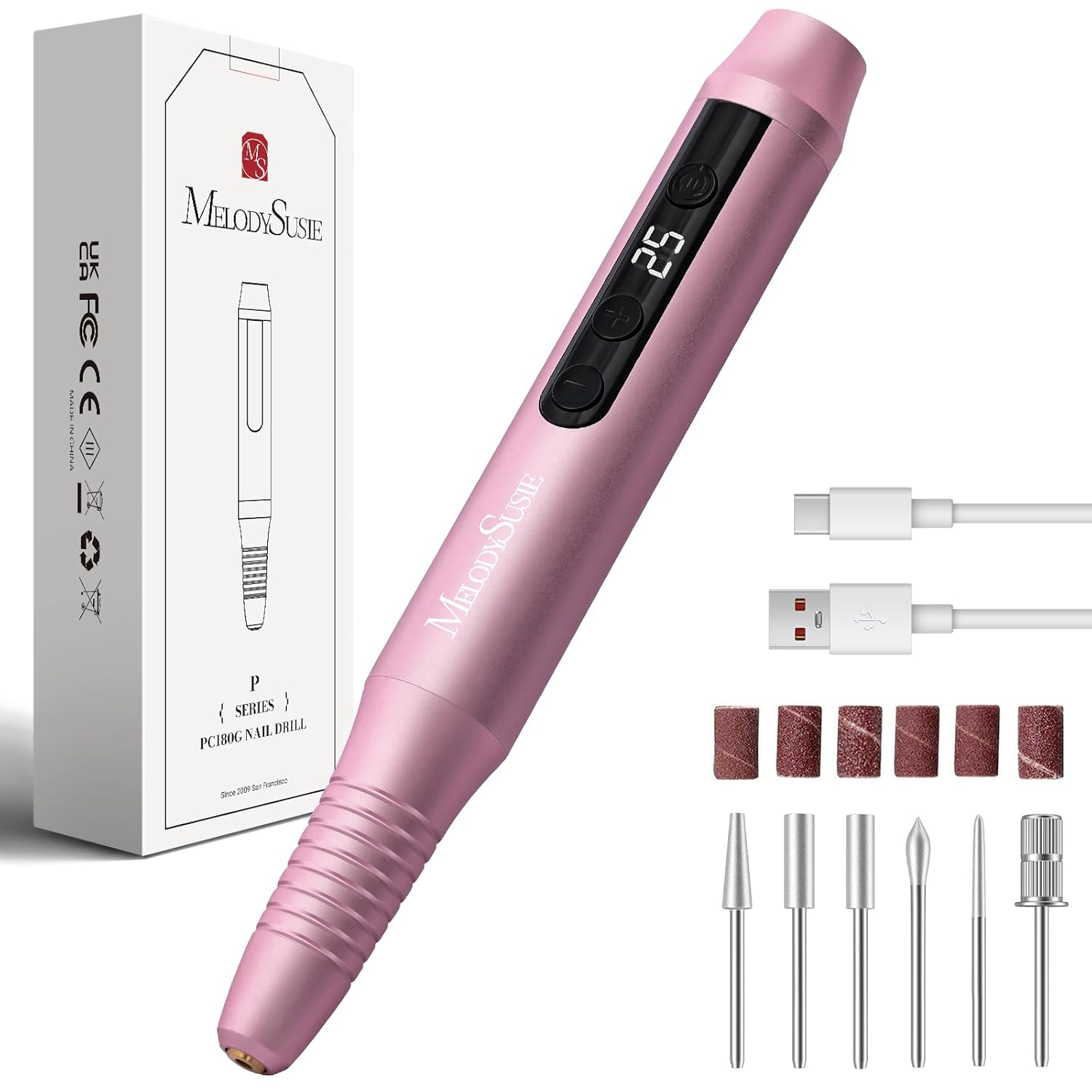 MelodySusie Wireless Nail Cutter for Gel Nails, Electric Nail File 25000 rpm, PC180G Professional Nail Drill with 25 Speed ​​Levels and LED Display, Manicure Pedicure Set (Rose)