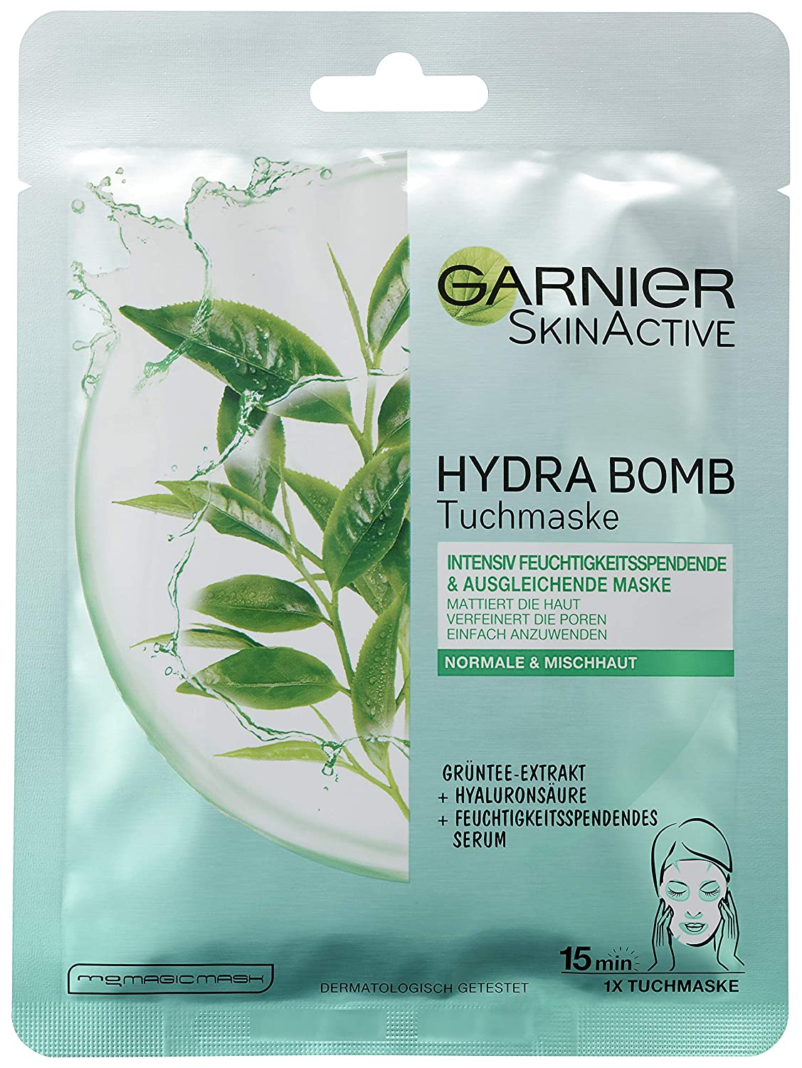 Garnier SkinActive Hydra Bomb Face Mask for Normal and Combination Skin Intensive Moisturising and Balancing Mask 32 g Green, ‎green