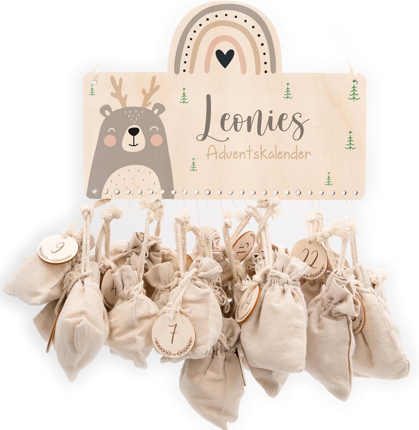 KIDSMOOD Personalised Advent Calendar to Fill Yourself, DIY Christmas Calendar with Jute Bag & Wooden Numbers as a Gift Idea for Christmas