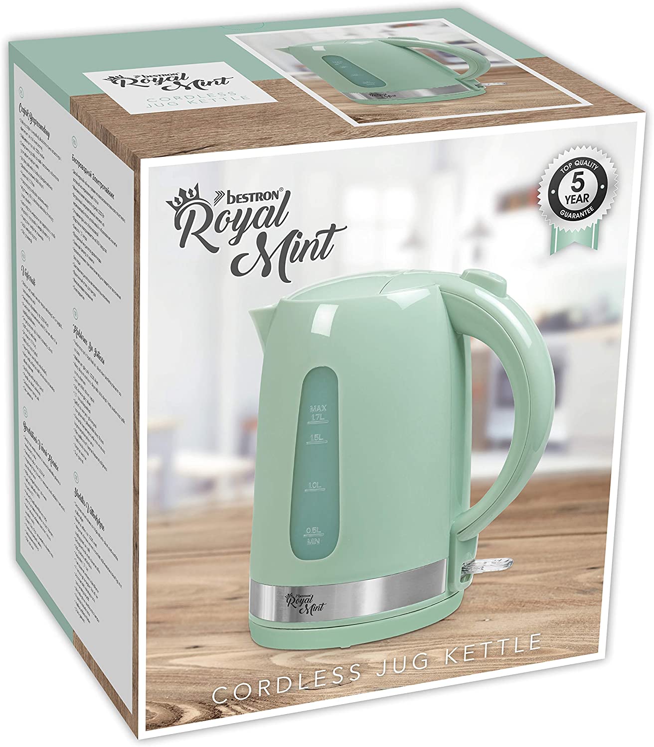 Bestron Designer Kettle with Automatic Cooking Stop, Royal Mint, 1.7 Litres, 2200 Watt, Mint Green