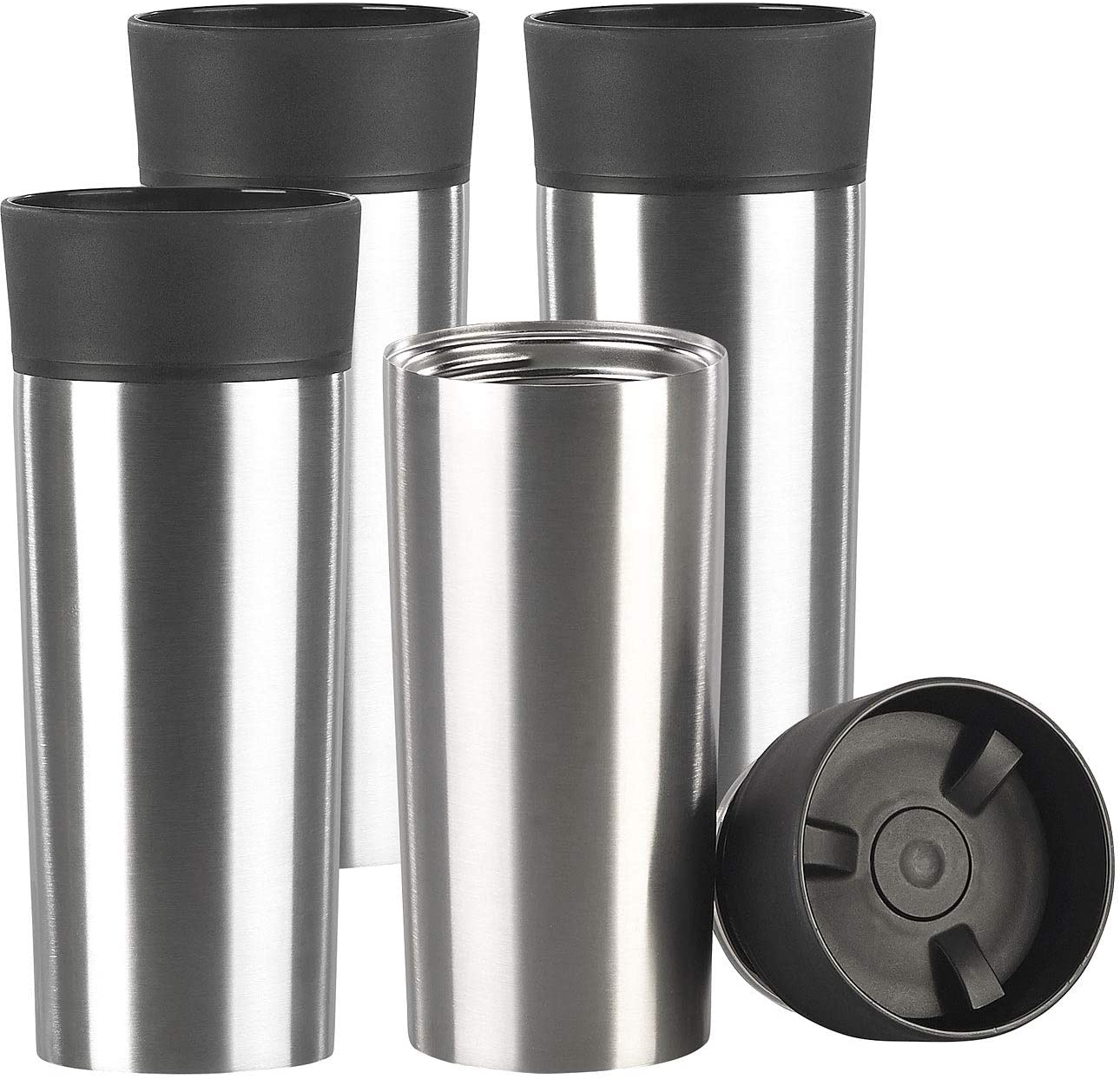 Rosenstein & Söhne Thermo Drinking Cups Set of 4 Stainless Steel Insulated Cups with Quick Press Seal 360 ml (Stainless Steel)
