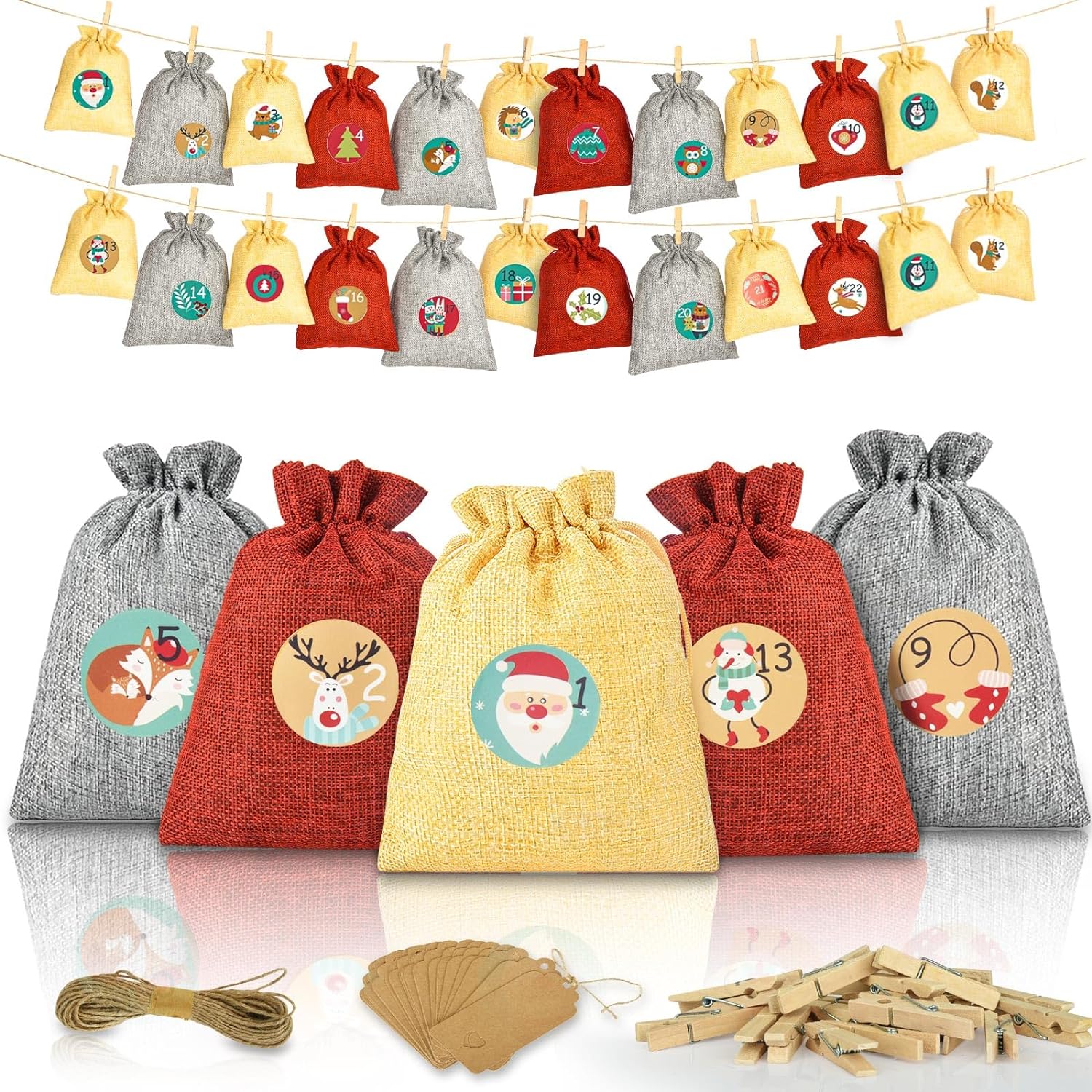 Advent Calendar for Filling, 24 Pieces Christmas Calendar with 6 Large Jute Bags 20 x 15 cm, Christmas Decoration Bags / Gift Bags for Christmas