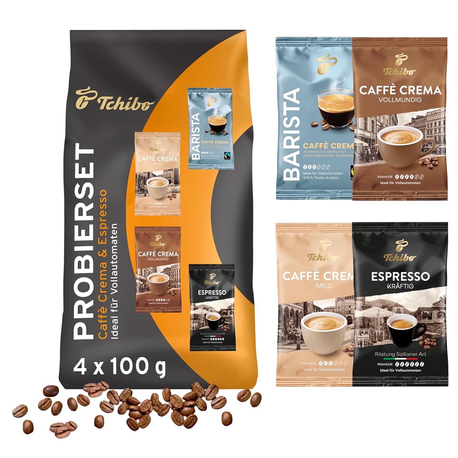 Tchibo Coffee Tasting Set Caffè Crema and Espresso 400 g (4 x 100 g) Test Package Gift Idea Various Varieties Roasted Coffee Beans Ideal for Fully Automatic Machines, Portafilter and Espresso Machines