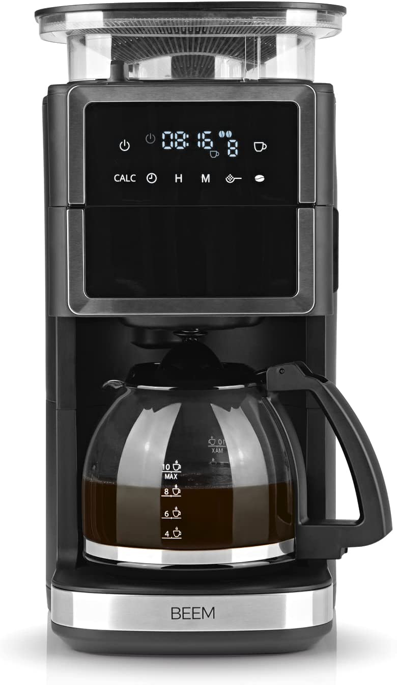 BEEM FRESH-AROMA-PERFECT III Filter Coffee Machine with Grinder, Glass, Stainless Steel, with Glass Jug and Keep Warm Function, Cone Grinder and Aroma Plus Function, 24-Hour Timer, 1000 W, for up to 10 Cups