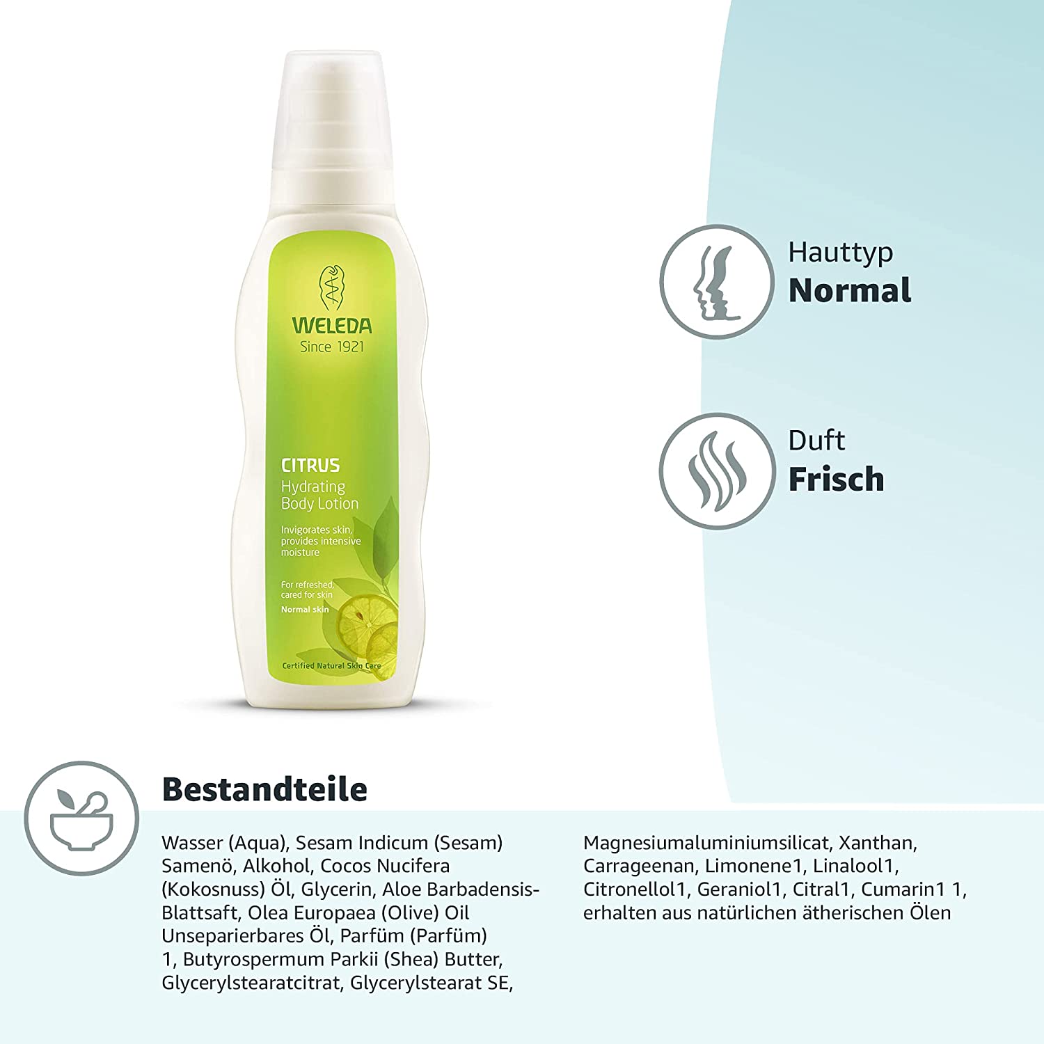WELEDA Citrus Refreshing Moisturising Lotion, Natural Cosmetics Body Lotion for Intensive Care of Dry Skin, Cools and Soothes with Aloe Vera and Coconut Oil (1 x 200 ml), ‎white